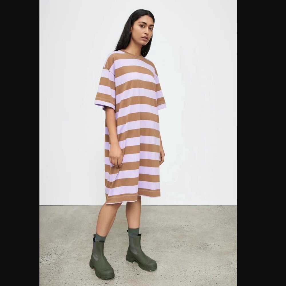 Kowtow T-Shirt Dress Lilac Earth Stripe | XS